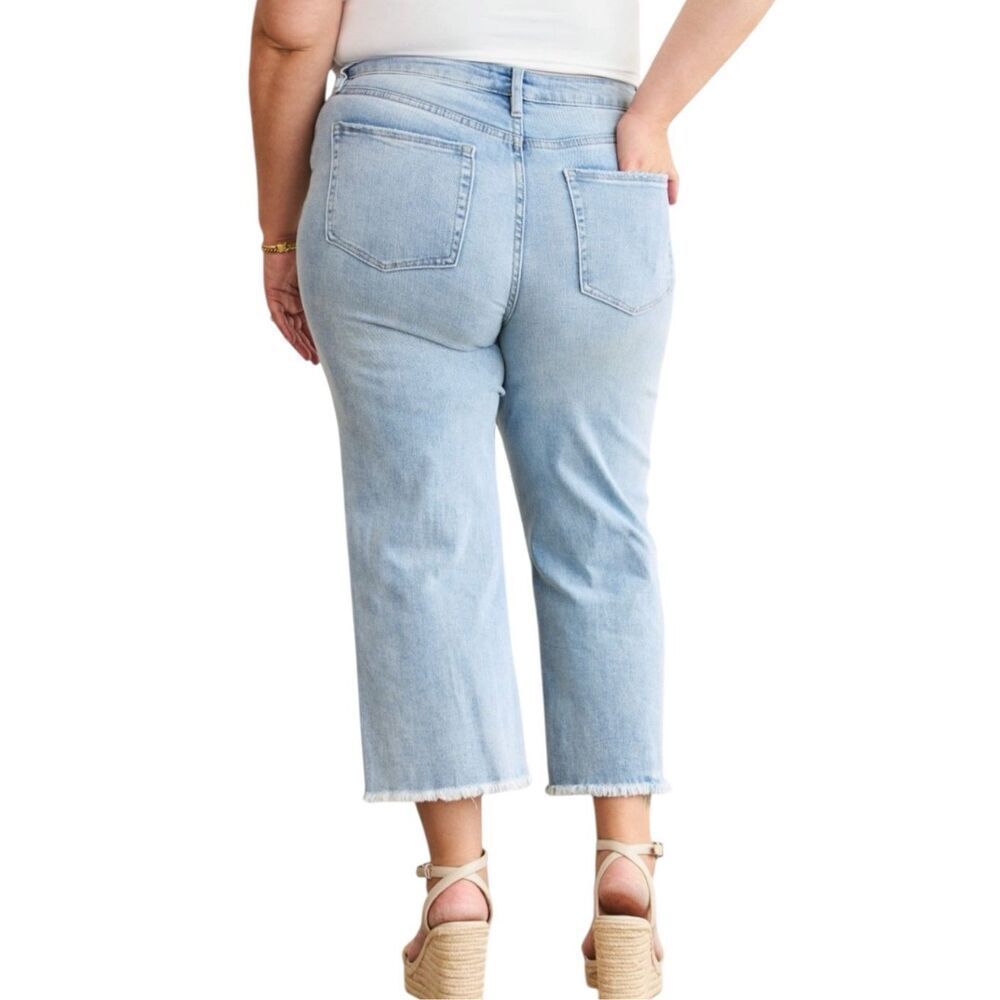 High Rise Tummy Control Cropped Jeans Distressed Light Wash Raw Hem Stretch RFM - Picture 7 of 10